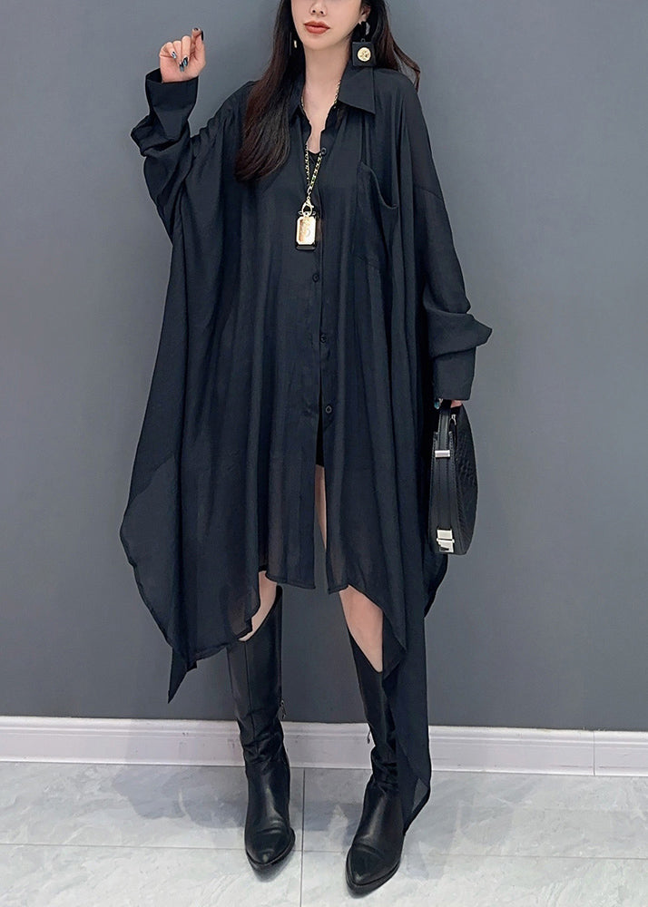 Black Solid Maxi Shir Asymmetrical Button Fall