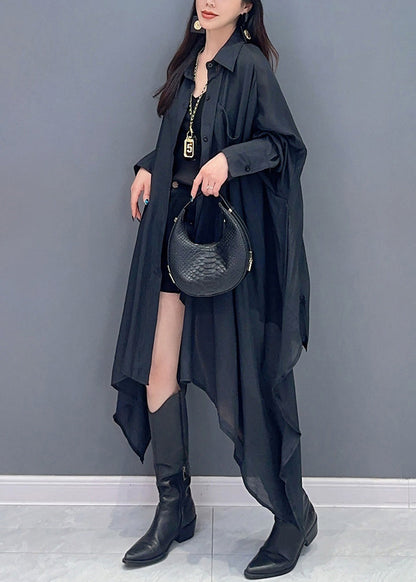 Black Solid Maxi Shir Asymmetrical Button Fall