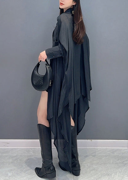 Black Solid Maxi Shir Asymmetrical Button Fall