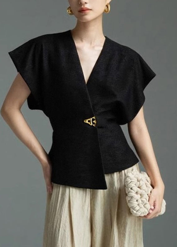 Black Solid Shirt Asymmetrical Sleeveless