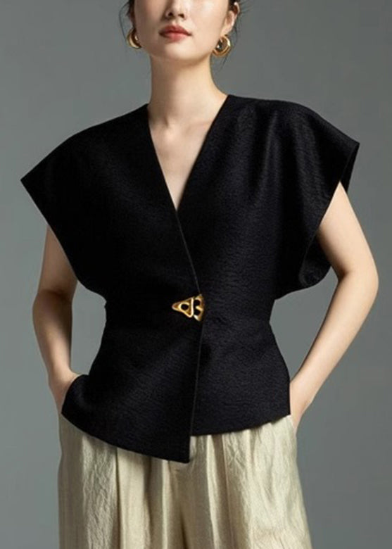 Black Solid Shirt Asymmetrical Sleeveless