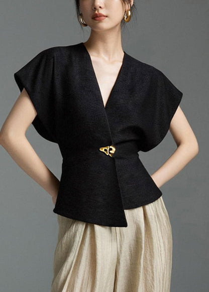 Black Solid Shirt Asymmetrical Sleeveless