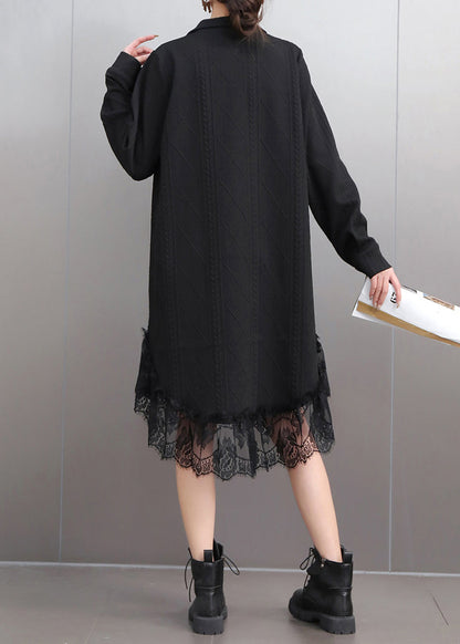 Black Stand Collar Button Maxi Dresses Puff Sleeve