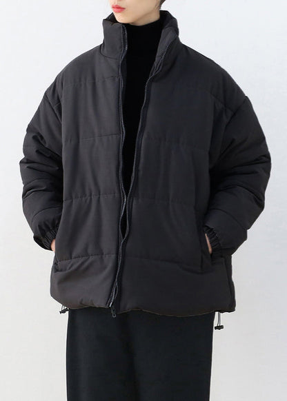 Schwarzer Stehkragen Kordelzug Dicker Parka Winter
