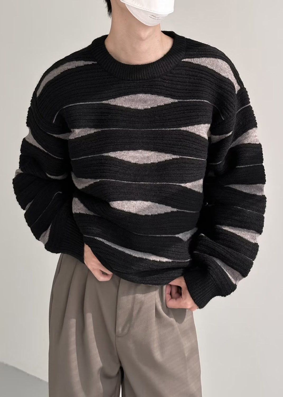 Black Striped Patchwork Knit Winter Men Sweater O Neck