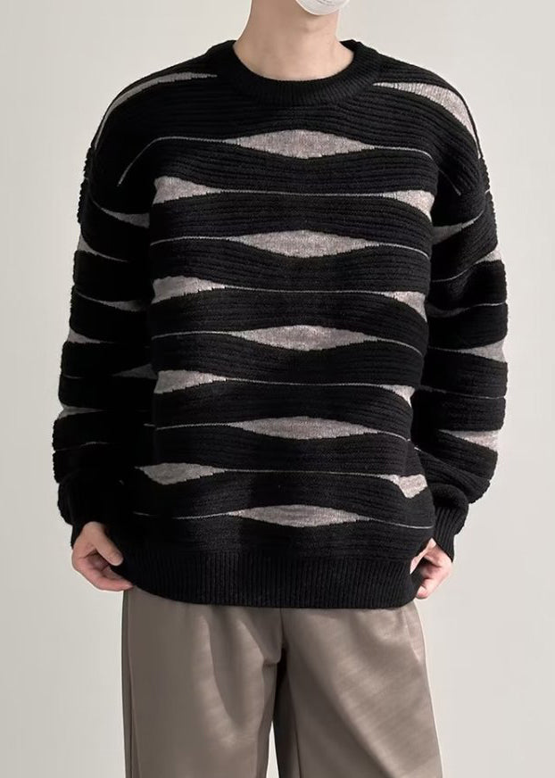 Black Striped Patchwork Knit Winter Men Sweater O Neck