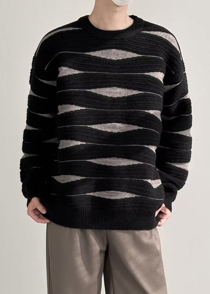 Black Striped Patchwork Knit Winter Men Sweater O Neck
