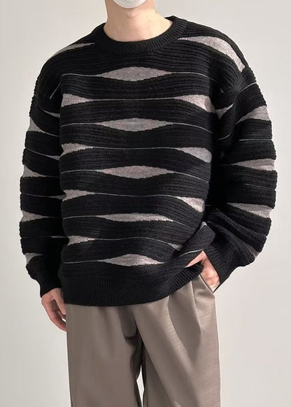 Black Striped Patchwork Knit Winter Men Sweater O Neck