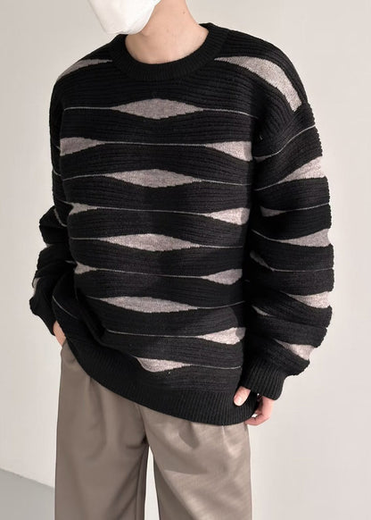 Black Striped Patchwork Knit Winter Men Sweater O Neck