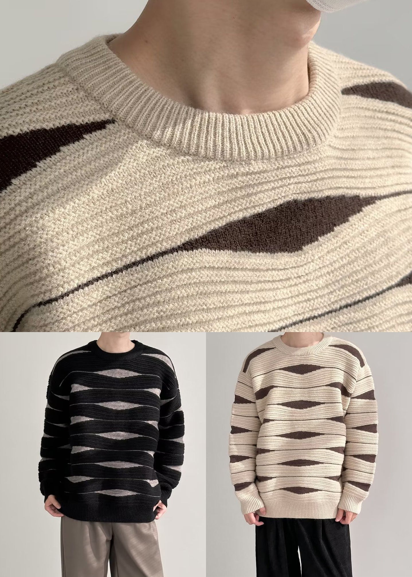 Black Striped Patchwork Knit Winter Men Sweater O Neck