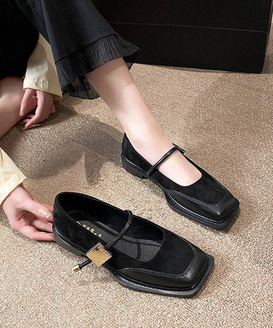 Black Suede Buckle Strap Splicing Flats Shoes