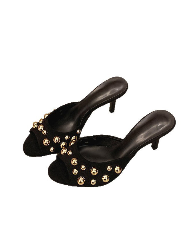 Black Suede Unique Rivet Splicing High Heel Slide Sandals