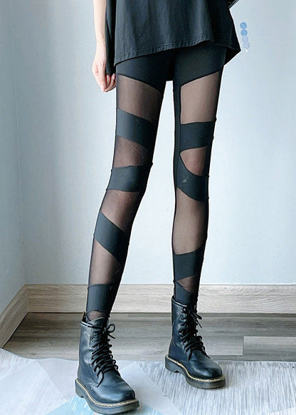 Black Thin Tulle Spliced High Waist Dri Fit Leggings