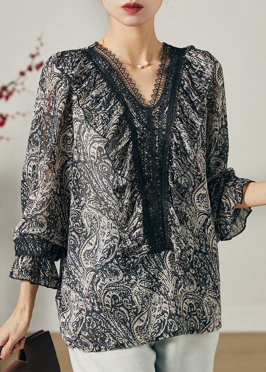 Schwarzes Tie Dye Chiffon Shirt Top Rüschen Sommer
