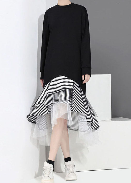 Schwarz Tüll Patchwork Urlaub Kleid O-Ausschnitt Rüschen Asymmetrische Frühling