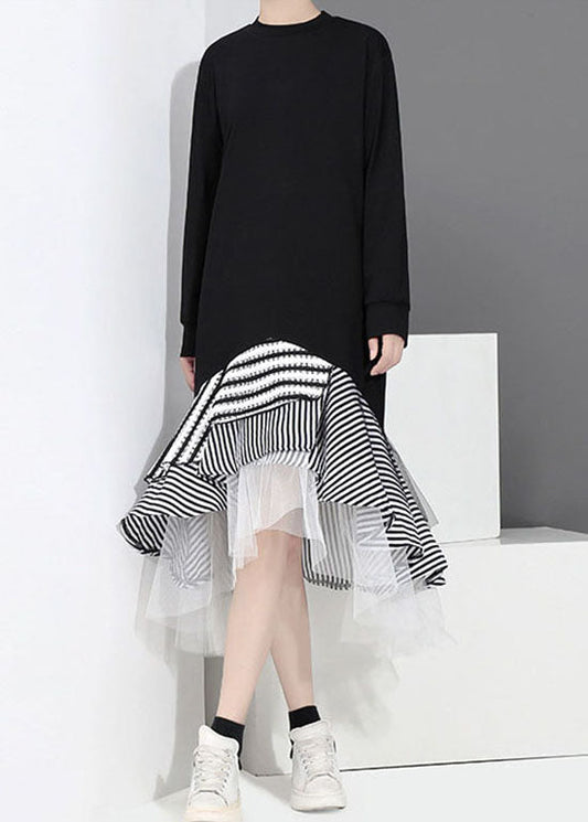 Schwarz Tüll Patchwork Urlaub Kleid O-Ausschnitt Rüschen Asymmetrische Frühling