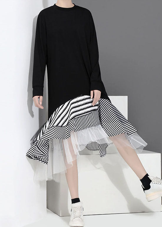 Schwarz Tüll Patchwork Urlaub Kleid O-Ausschnitt Rüschen Asymmetrische Frühling