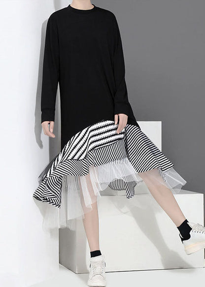 Schwarz Tüll Patchwork Urlaub Kleid O-Ausschnitt Rüschen Asymmetrische Frühling