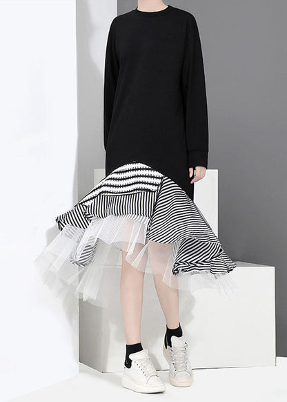 Schwarz Tüll Patchwork Urlaub Kleid O-Ausschnitt Rüschen Asymmetrische Frühling