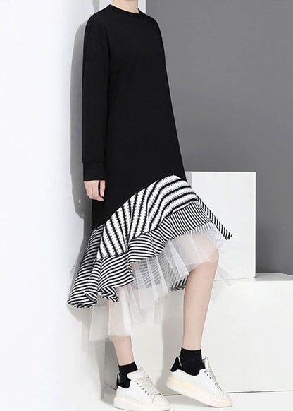 Schwarz Tüll Patchwork Urlaub Kleid O-Ausschnitt Rüschen Asymmetrische Frühling