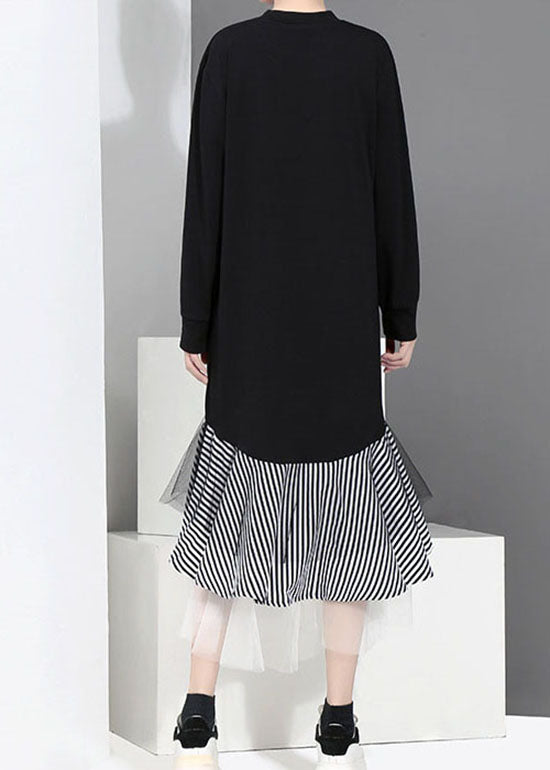 Schwarz Tüll Patchwork Urlaub Kleid O-Ausschnitt Rüschen Asymmetrische Frühling