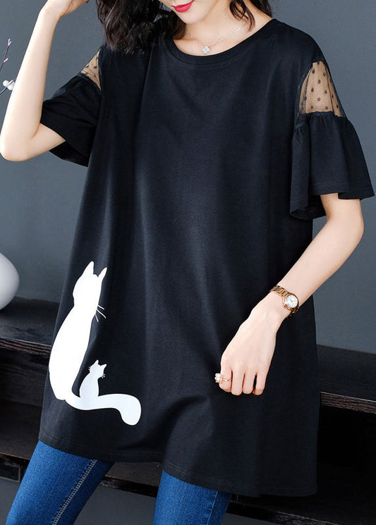 Black Tulle Patchwork Shirt Short Sleeve