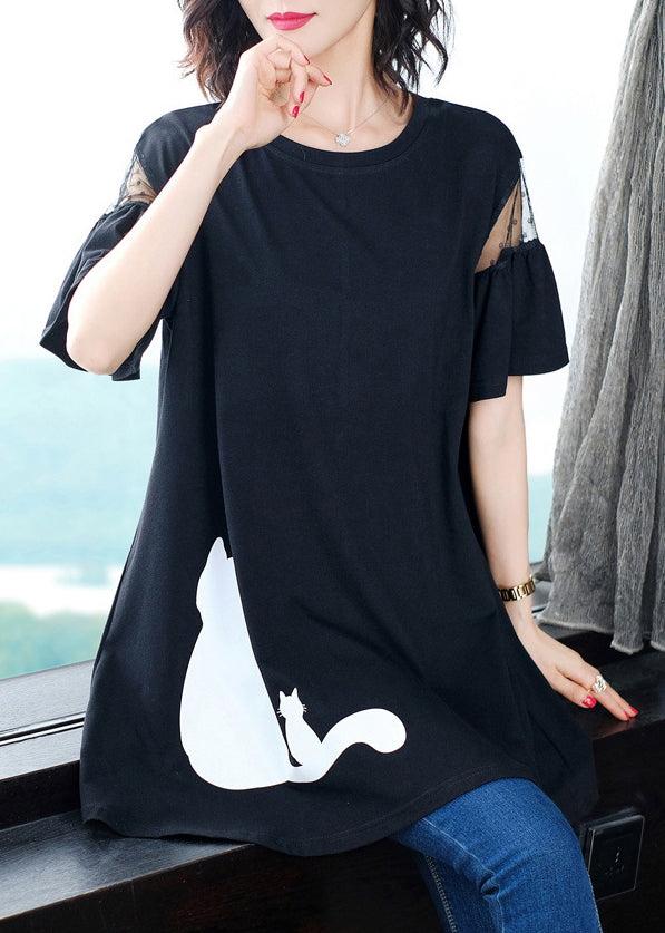 Black Tulle Patchwork Shirt Short Sleeve