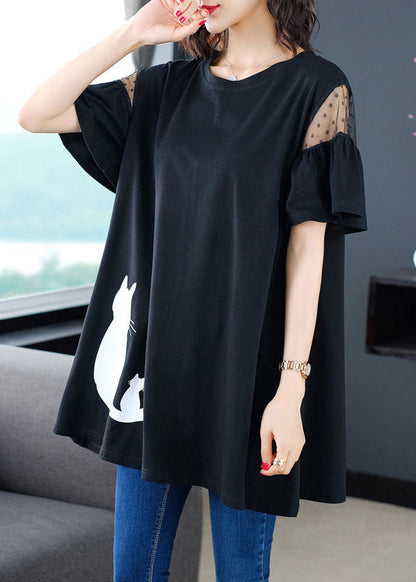 Black Tulle Patchwork Shirt Short Sleeve
