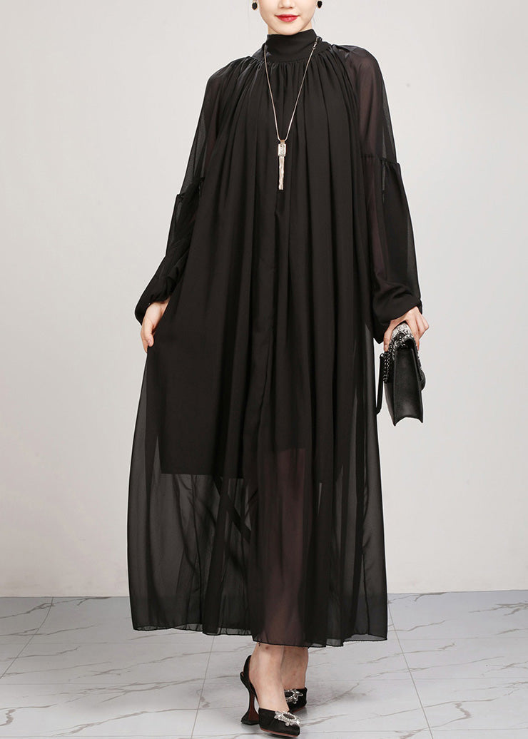 Black Turtleneck Chiffon Maxi Dresses Lantern Sleeve