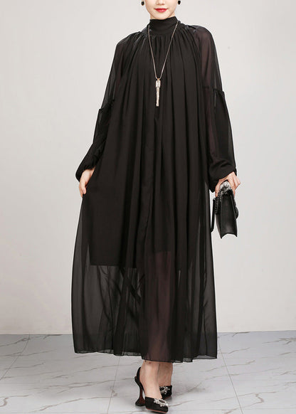 Black Turtleneck Chiffon Maxi Dresses Lantern Sleeve