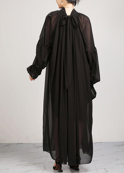 Black Turtleneck Chiffon Maxi Dresses Lantern Sleeve