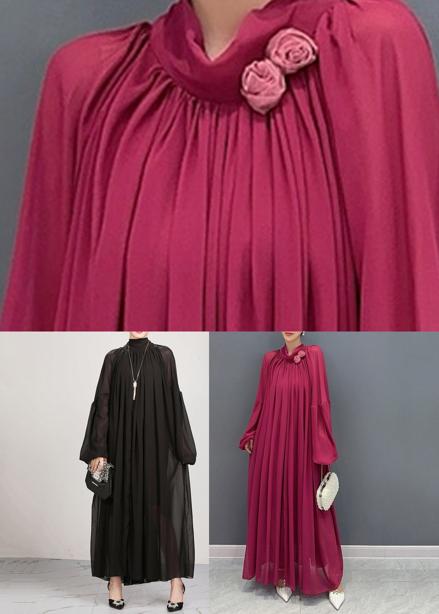 Black Turtleneck Chiffon Maxi Dresses Lantern Sleeve