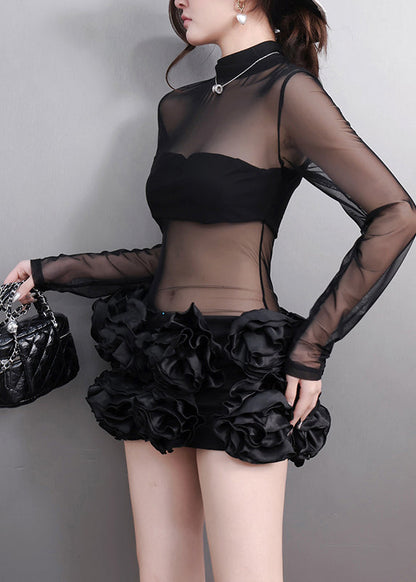 Black Turtleneck Floral Tulle Mid Dress Long Sleeve