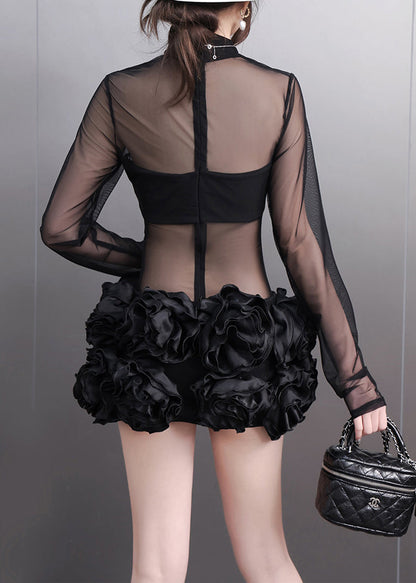 Black Turtleneck Floral Tulle Mid Dress Long Sleeve