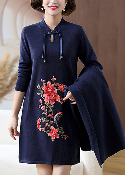 Black V Neck Button Woolen Cardigans And Mid Dress Two Pieces Set