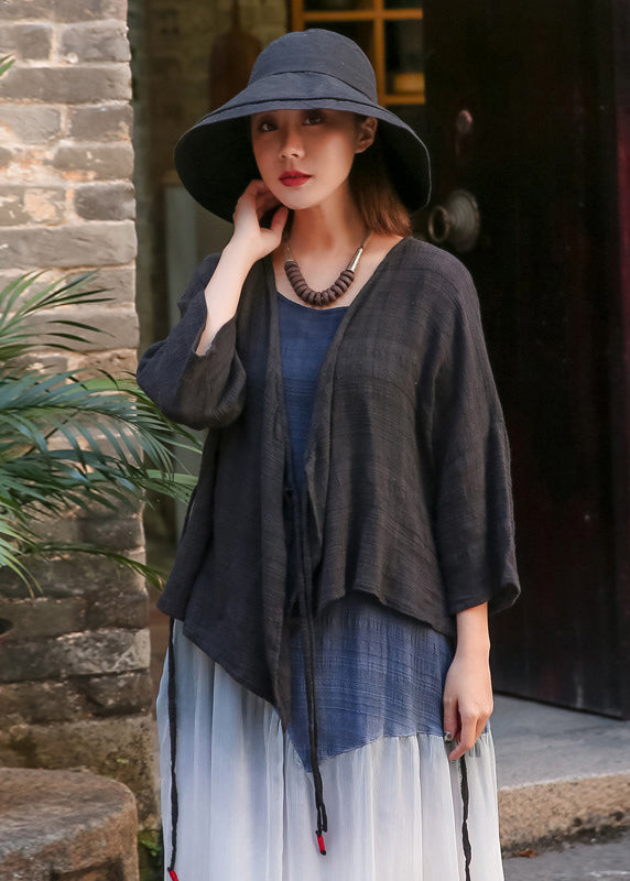 Schwarzer Baumwoll-Cardigan mit V-Ausschnitt, Cinched Spring