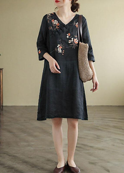 Black V Neck Embroideried  Button Three Quarter Sleeve Fall Dresses - SooLinen