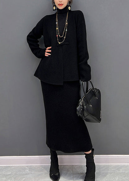 Black V Neck Knit Cardigans And Skirts Two Pieces Set Winter