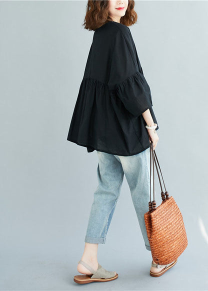 Schwarzes V-Ausschnitt Patchwork Asymmetrisches Design Herbst Top Dreiviertelärmel