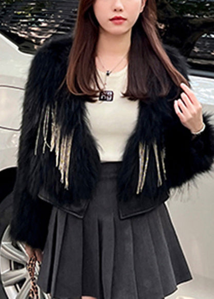 Schwarzer V-Ausschnitt Patchwork Kunstleder und Kunstpelz Mäntel Winter