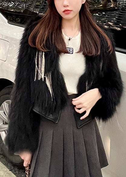 Schwarzer V-Ausschnitt Patchwork Kunstleder und Kunstpelz Mäntel Winter