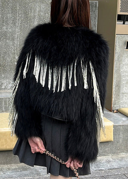 Schwarzer V-Ausschnitt Patchwork Kunstleder und Kunstpelz Mäntel Winter