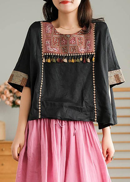 Black Vintage Embroidered Linen Women T-shirt - SooLinen