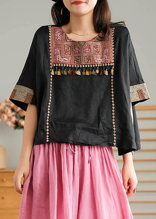 Black Vintage Embroidered Linen Women T-shirt - SooLinen