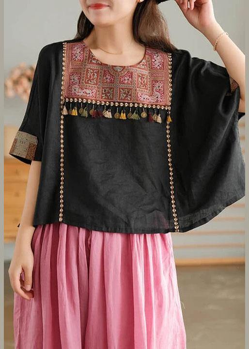 Black Vintage Embroidered Linen Women T-shirt - SooLinen