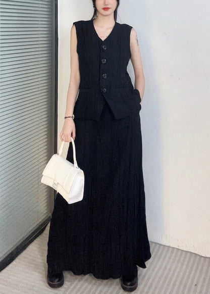 Black Waistcoat And Maxi Skirts Two Piece Set V Neck Sleeveless