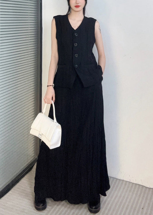 Black Waistcoat And Maxi Skirts Two Piece Set V Neck Sleeveless