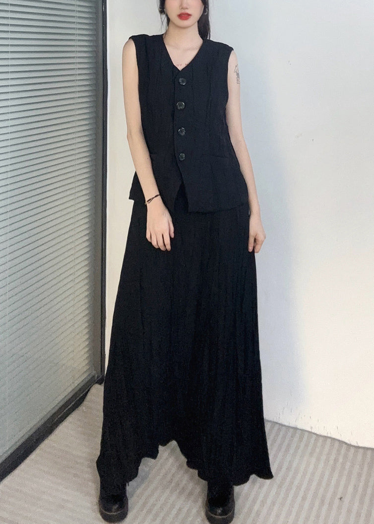 Black Waistcoat And Maxi Skirts Two Piece Set V Neck Sleeveless