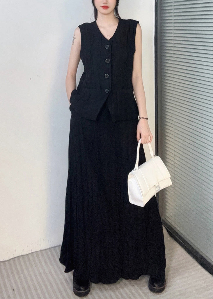 Black Waistcoat And Maxi Skirts Two Piece Set V Neck Sleeveless