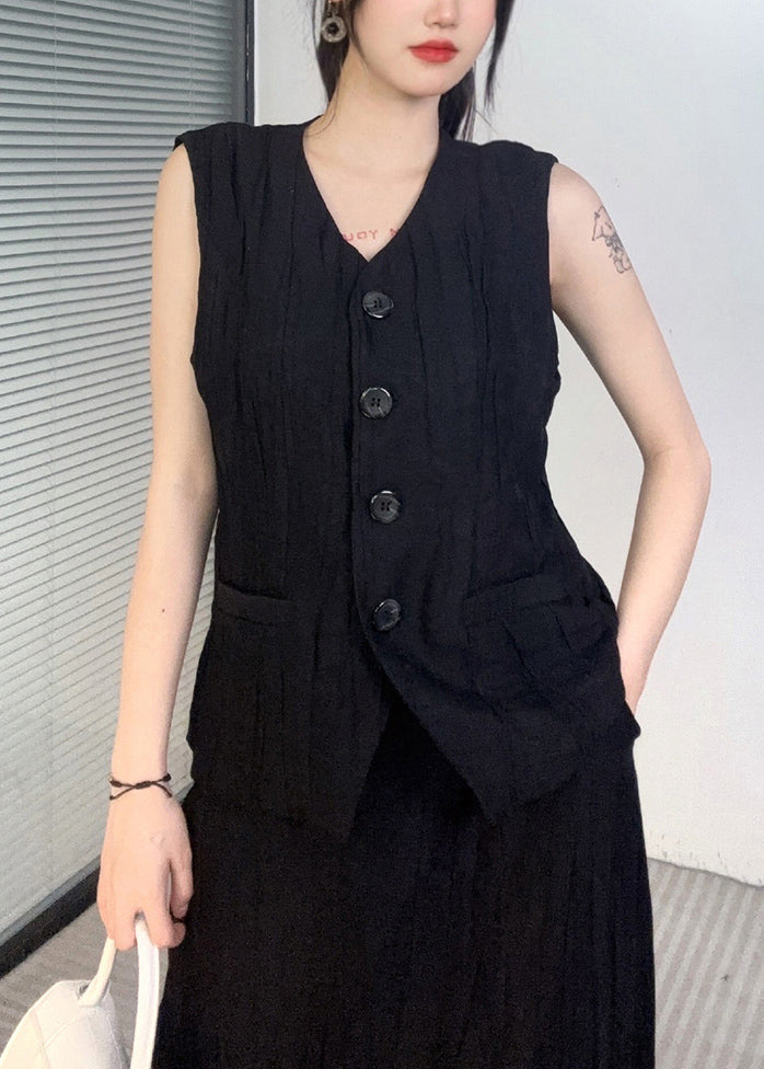 Black Waistcoat And Maxi Skirts Two Piece Set V Neck Sleeveless